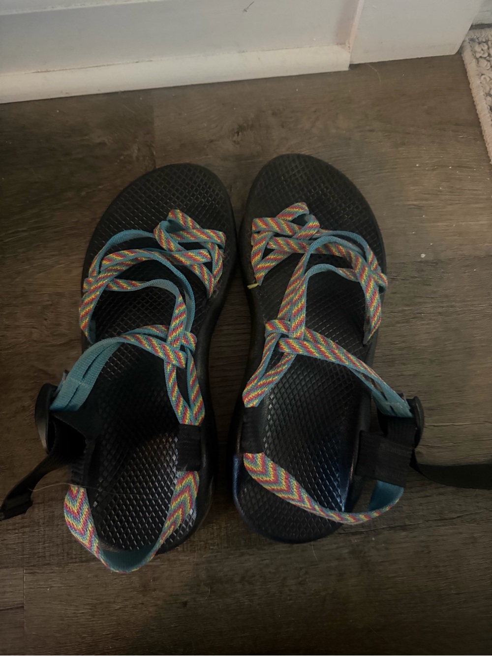Chaco Women's Black Sandals with Teal and Multicolor Straps